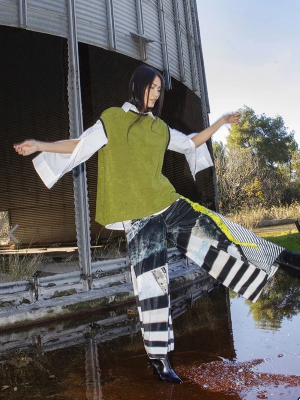 NWT Abstract Wide-Leg Maxi Pants in Black, White & Lime Green